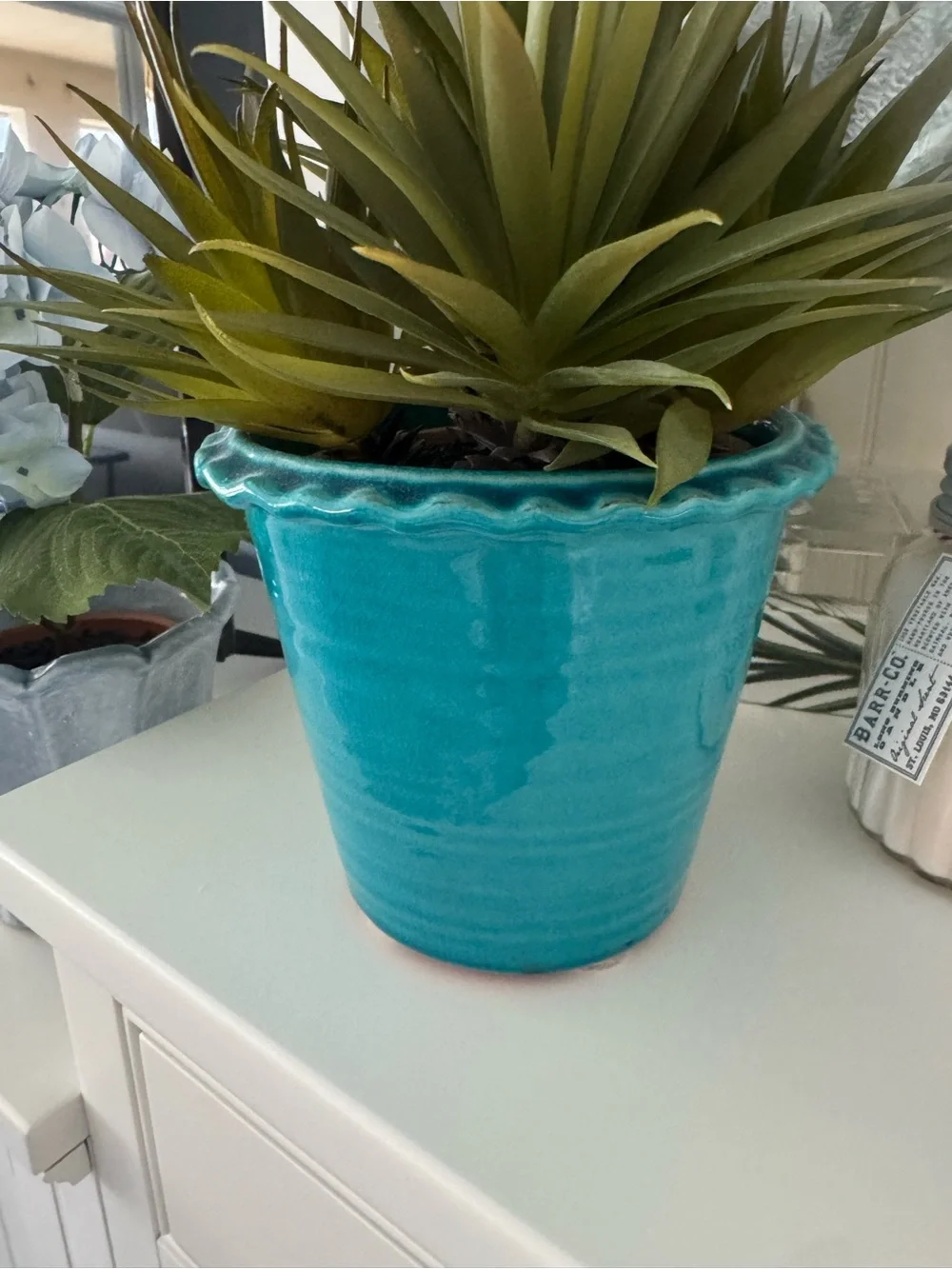 Bright Turquoise Ceramic Planter with Scalloped Rim ~ 5 1/2” tall